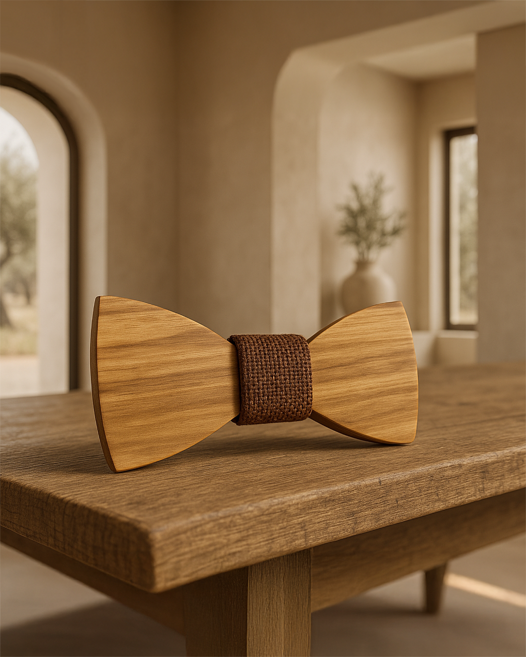 Noeud papillon bois clair et tissu marron orangé